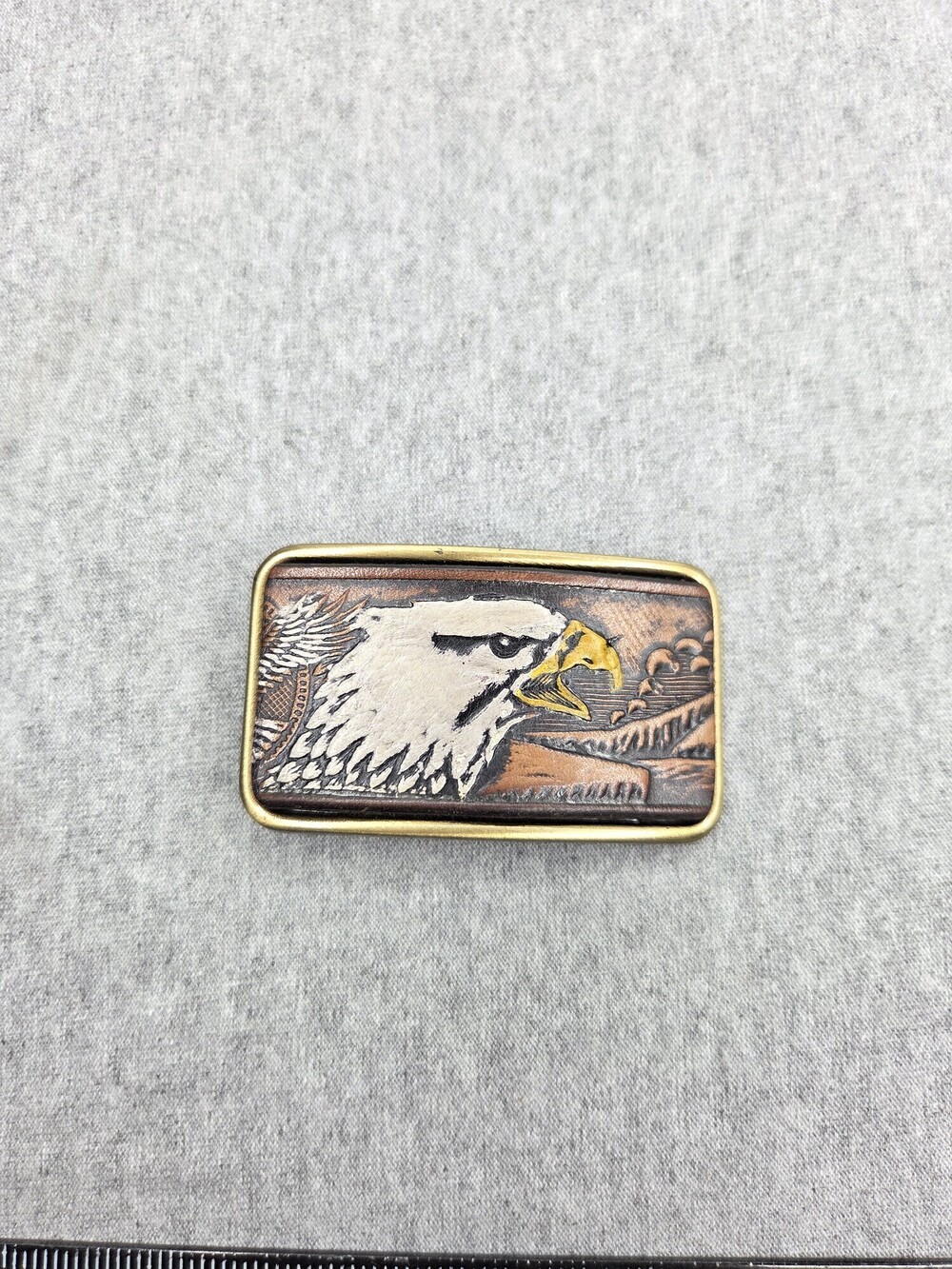 Vintage Bald Eagle Tooled Leather Solid Brass Belt Buckle Century Canada 1980s